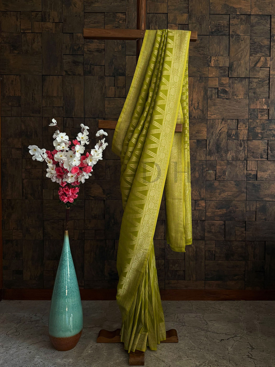 Lime green soft georgette saree with golden woven zari work for Haldi