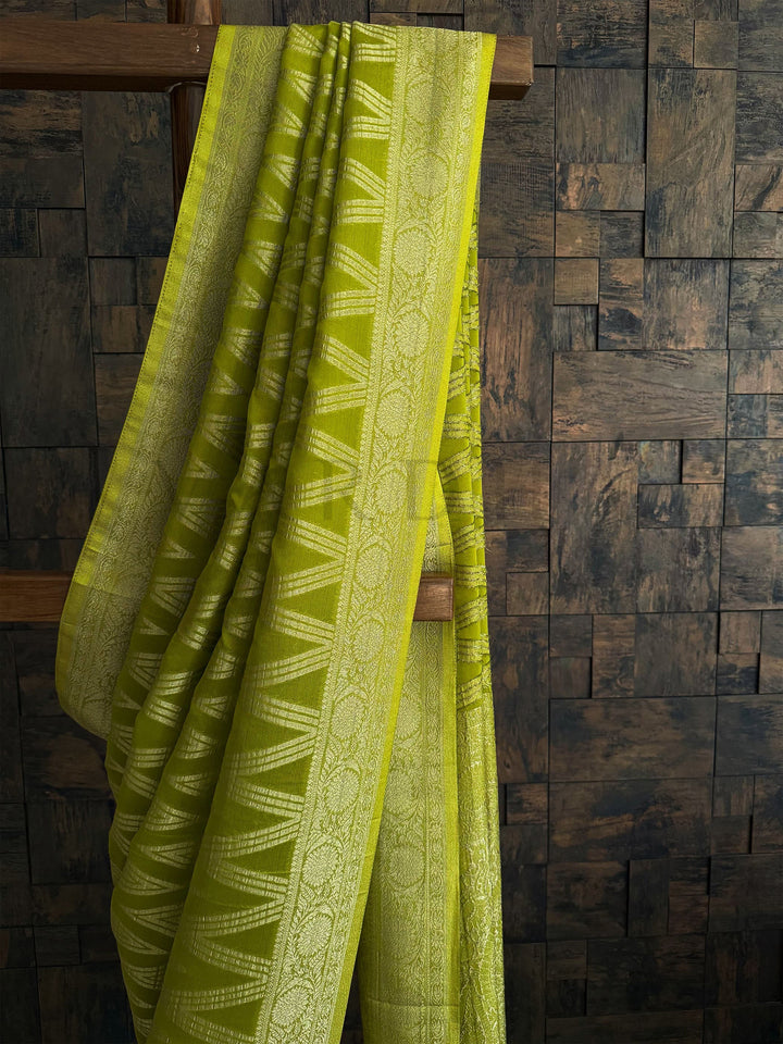 Festive Haldi saree in lime green with rich pallu and border details