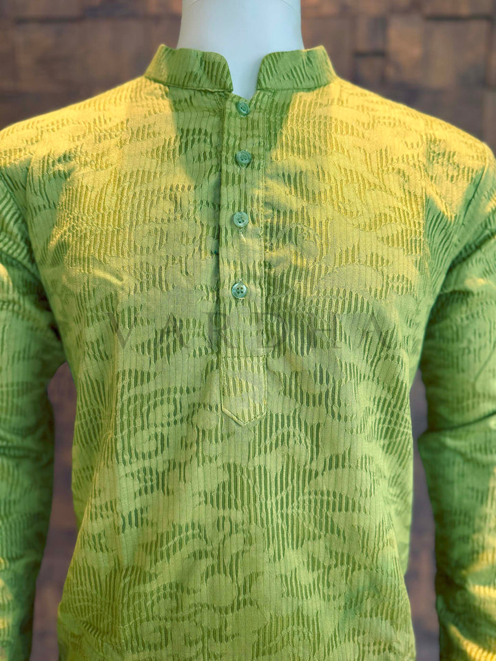 Green textured shirt on a mannequin against a blurred background Close-up of teal ombré kurta neckline showing mandarin band collar, clean button placket and fine ribbed jacquard weave for elegant festive menswear.