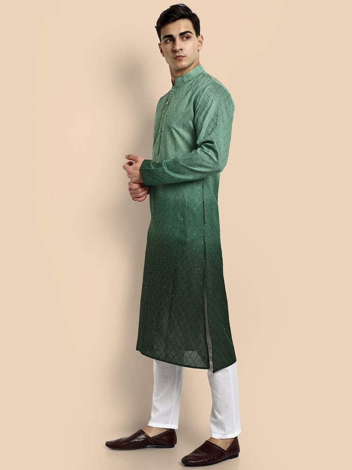 Emerald Green Cotton Kurta with Chikankari & Sequin Work