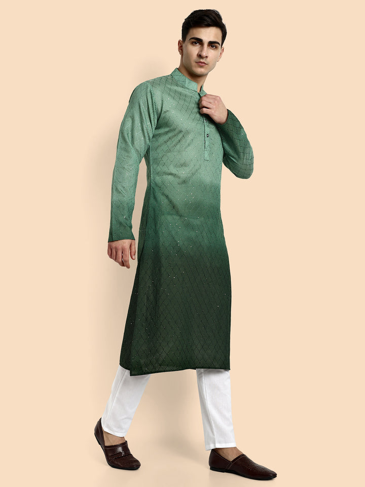 Emerald Green Cotton Kurta with Chikankari & Sequin Work