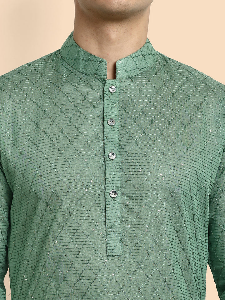 Emerald Green Cotton Kurta with Chikankari & Sequin Work