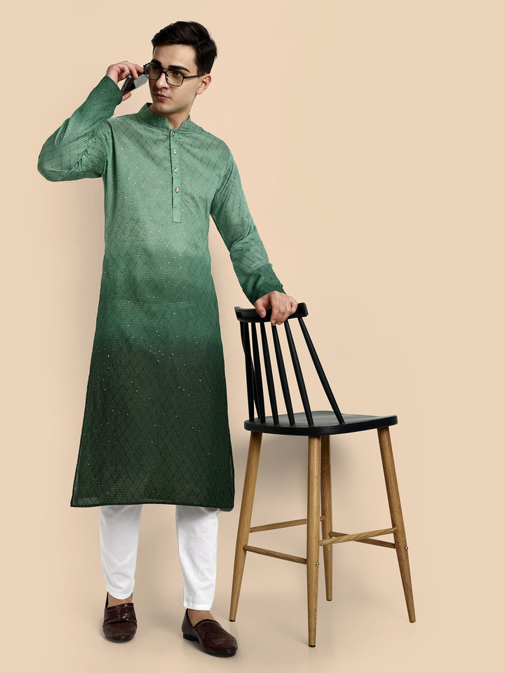 Emerald Green Cotton Kurta with Chikankari & Sequin Work
