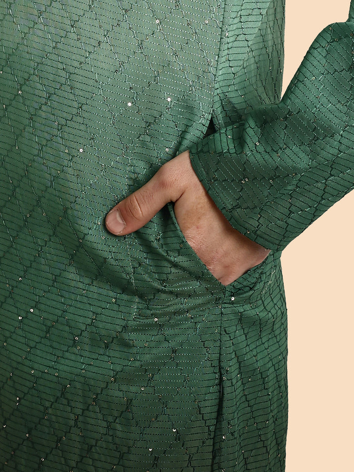 Emerald Green Cotton Kurta with Chikankari & Sequin Work