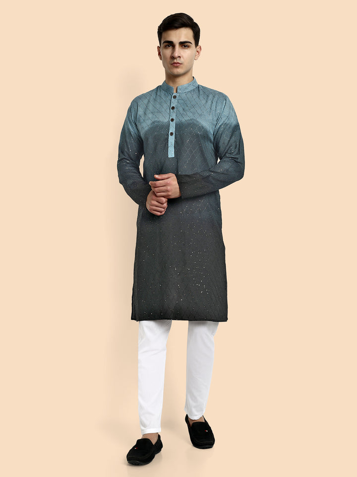 Fusion Dark Grey Cotton Kurta with Chikankari & Sequin Work