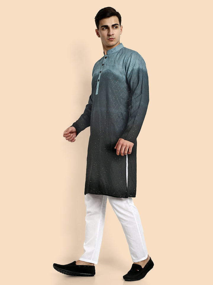 Fusion Dark Grey Cotton Kurta with Chikankari & Sequin Work
