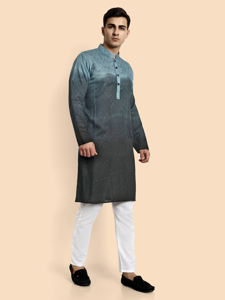 Fusion Dark Grey Cotton Kurta with Chikankari & Sequin Work