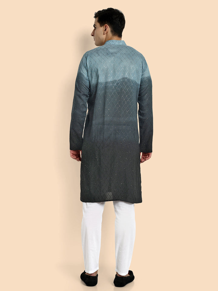 Fusion Dark Grey Cotton Kurta with Chikankari & Sequin Work