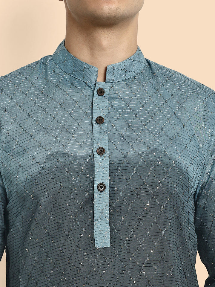Fusion Dark Grey Cotton Kurta with Chikankari & Sequin Work