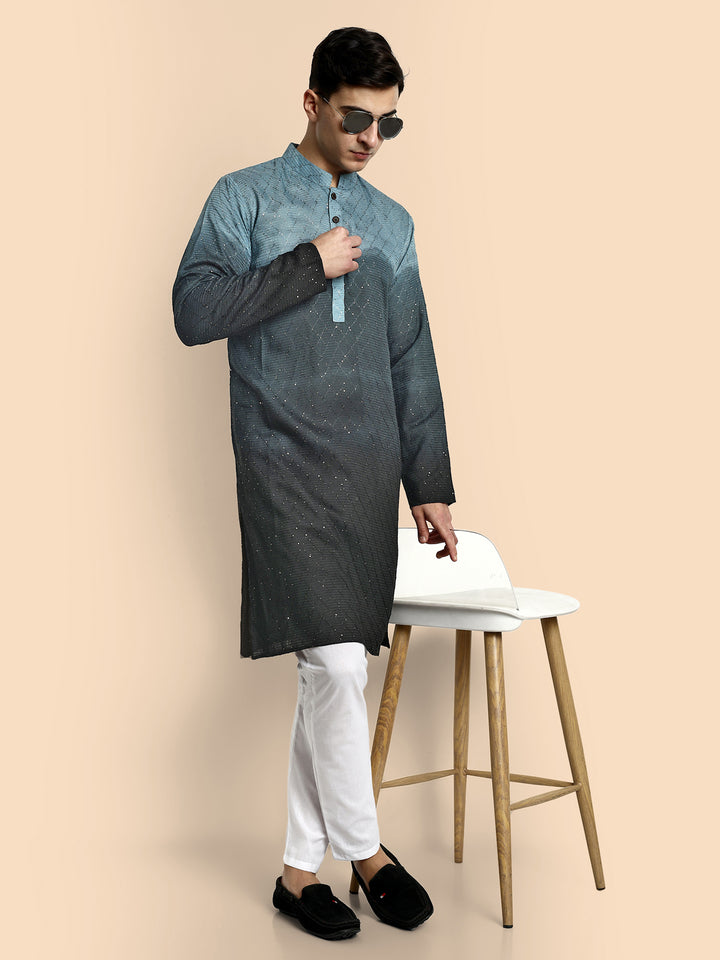 Fusion Dark Grey Cotton Kurta with Chikankari & Sequin Work