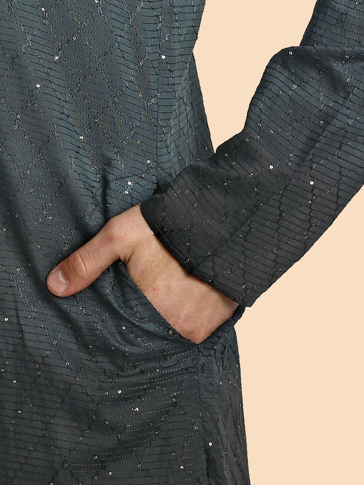 Fusion Dark Grey Cotton Kurta with Chikankari & Sequin Work