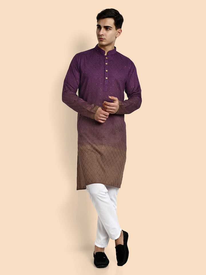 Fusion Wine–Peach Cotton Kurta with Chikankari & Sequin Work