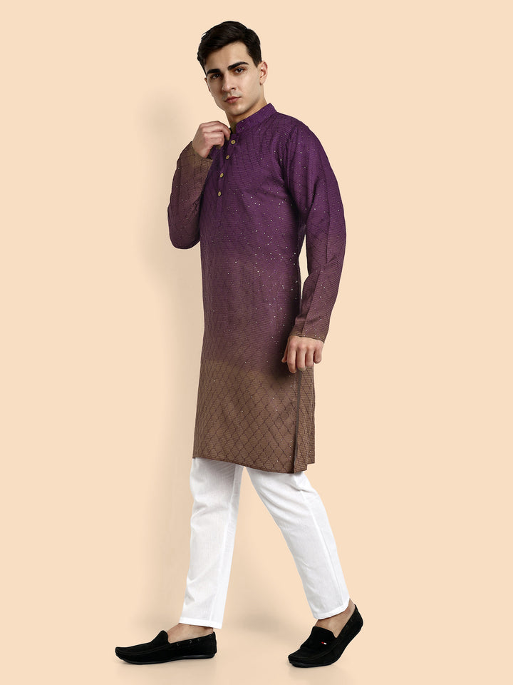 Fusion Wine–Peach Cotton Kurta with Chikankari & Sequin Work
