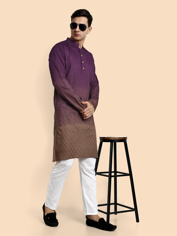 Fusion Wine–Peach Cotton Kurta with Chikankari & Sequin Work