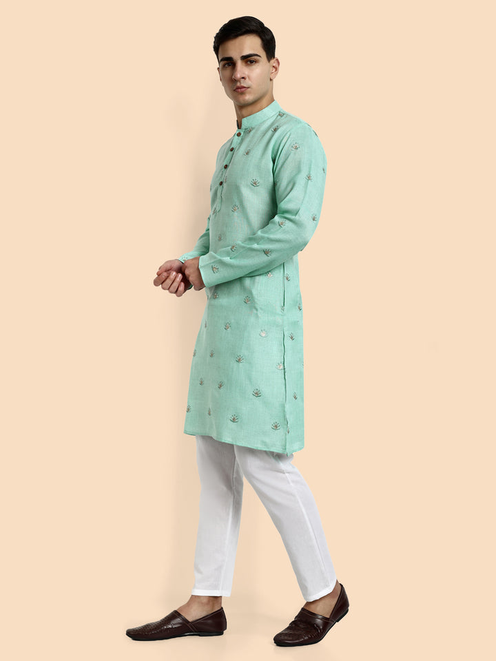 Pastel Green Embroidered Men's Kurta