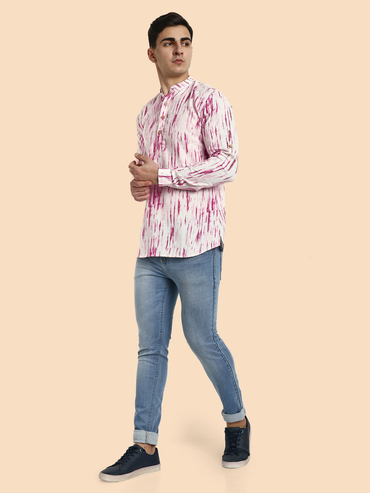 Pink Printed Men's Short Kurta