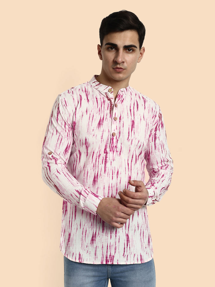 Pink Printed Men's Short Kurta