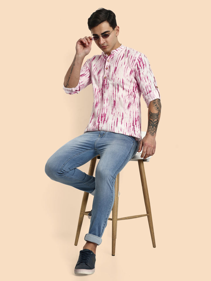 Pink Printed Men's Short Kurta
