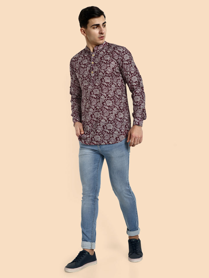 Maroon Printed Men's Short Kurta
