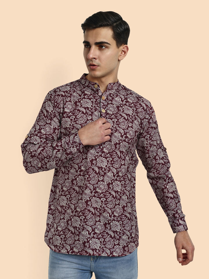 Maroon Printed Men's Short Kurta