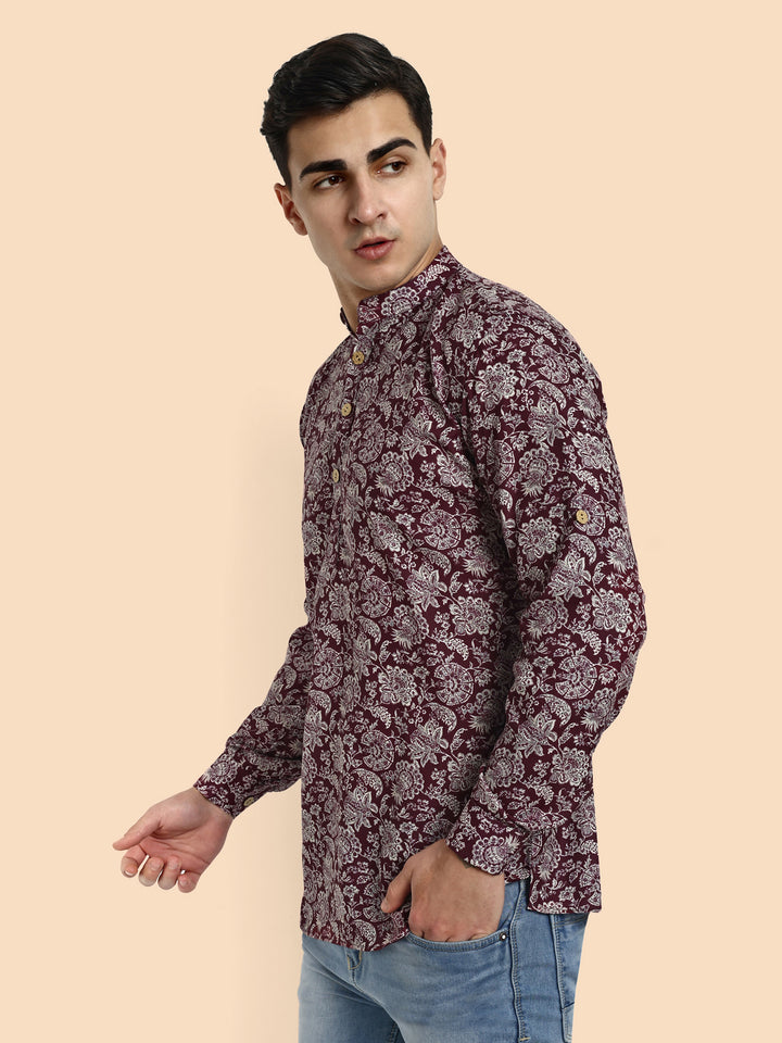 Maroon Printed Men's Short Kurta