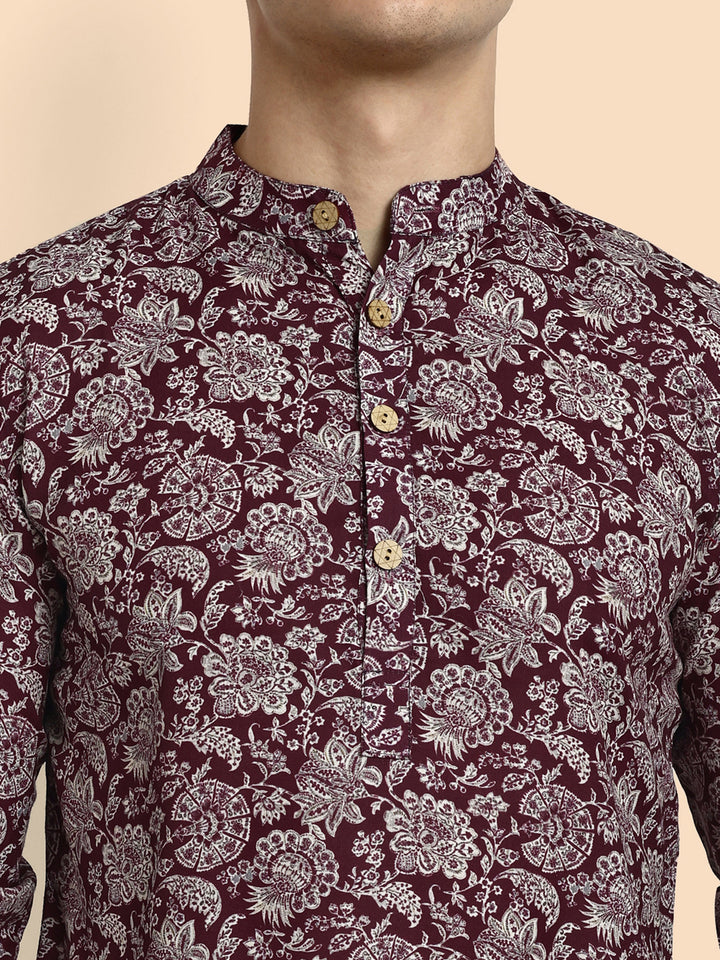 Maroon Printed Men's Short Kurta