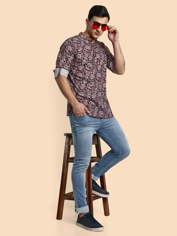 Maroon Printed Men's Short Kurta