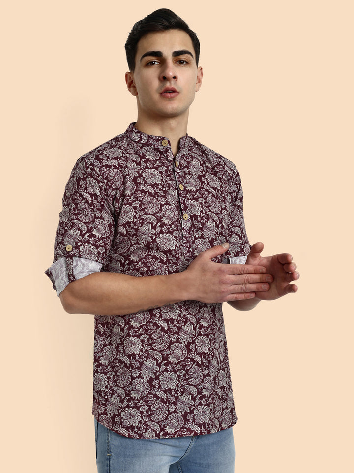 Maroon Printed Men's Short Kurta