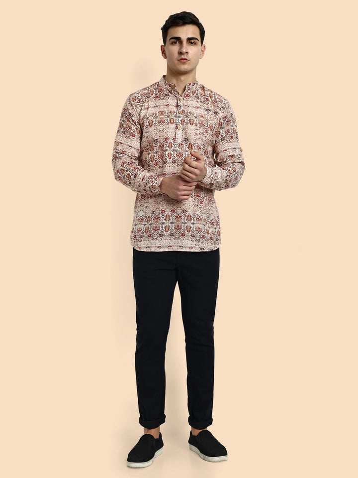 Off White Printed Men's Short Kurta