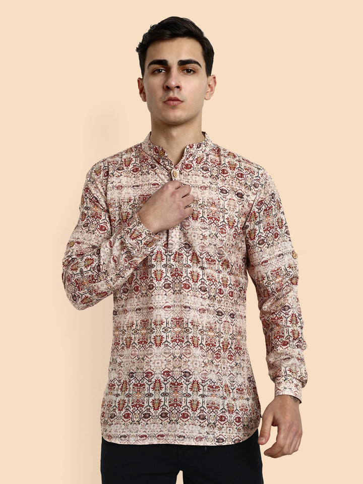 Off White Printed Men's Short Kurta