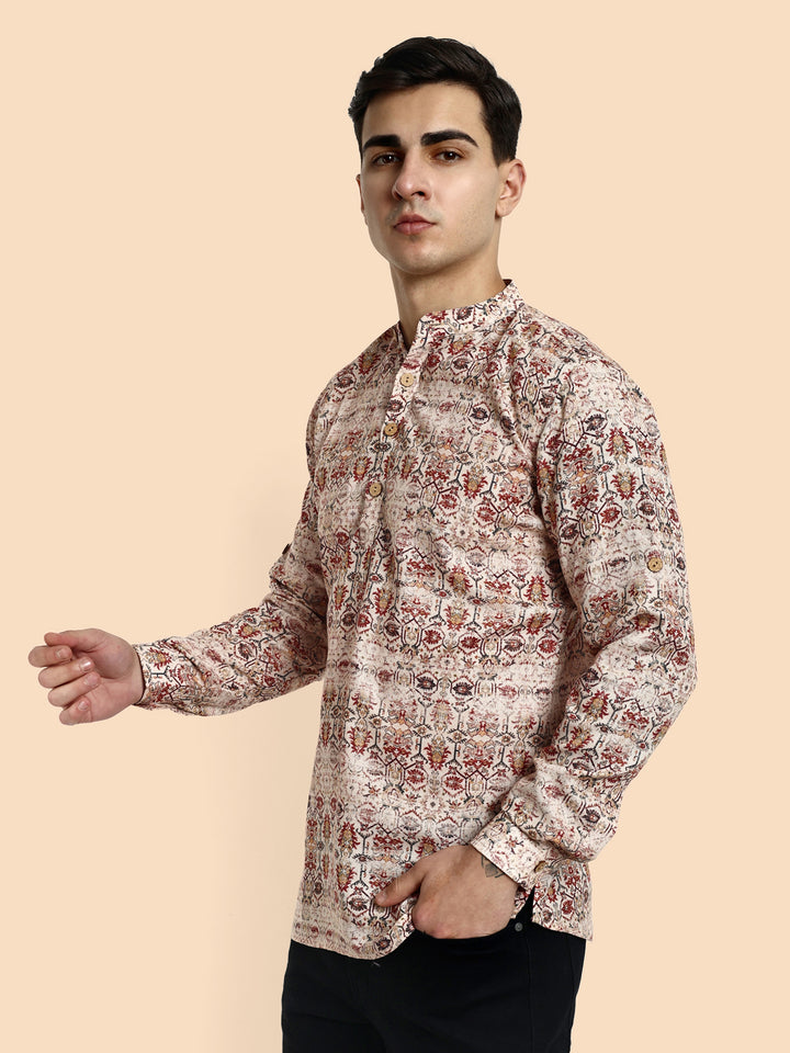 Off White Printed Men's Short Kurta