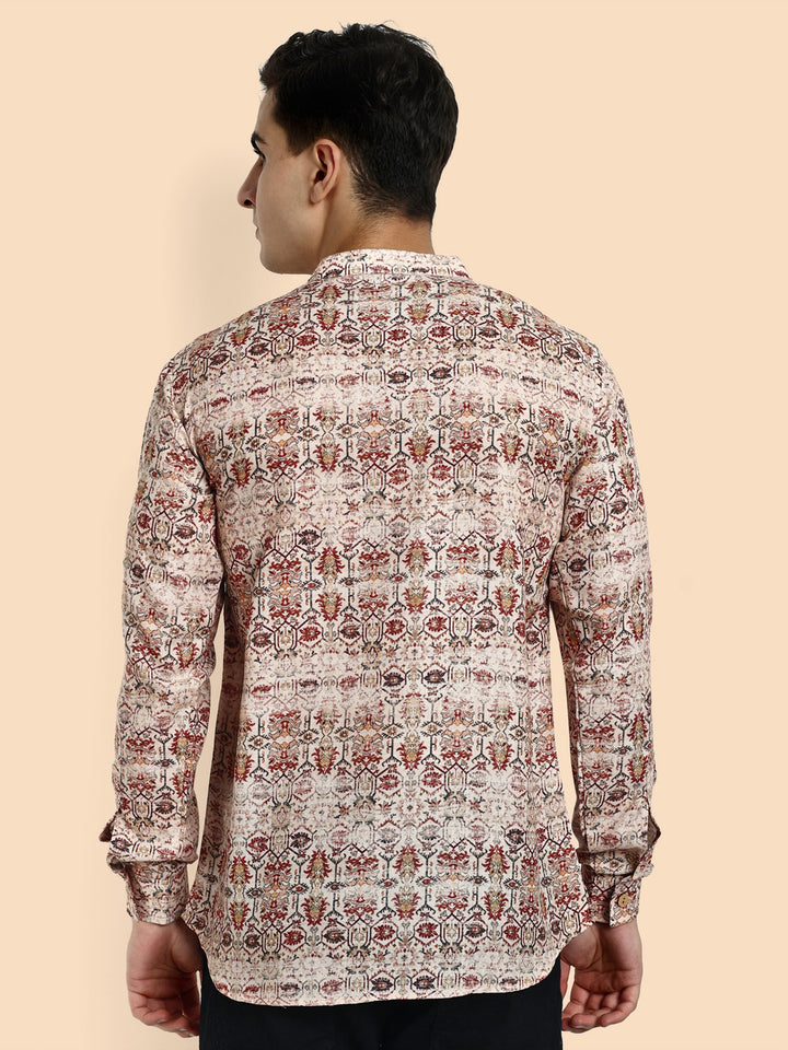 Off White Printed Men's Short Kurta