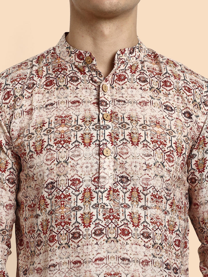 Off White Printed Men's Short Kurta