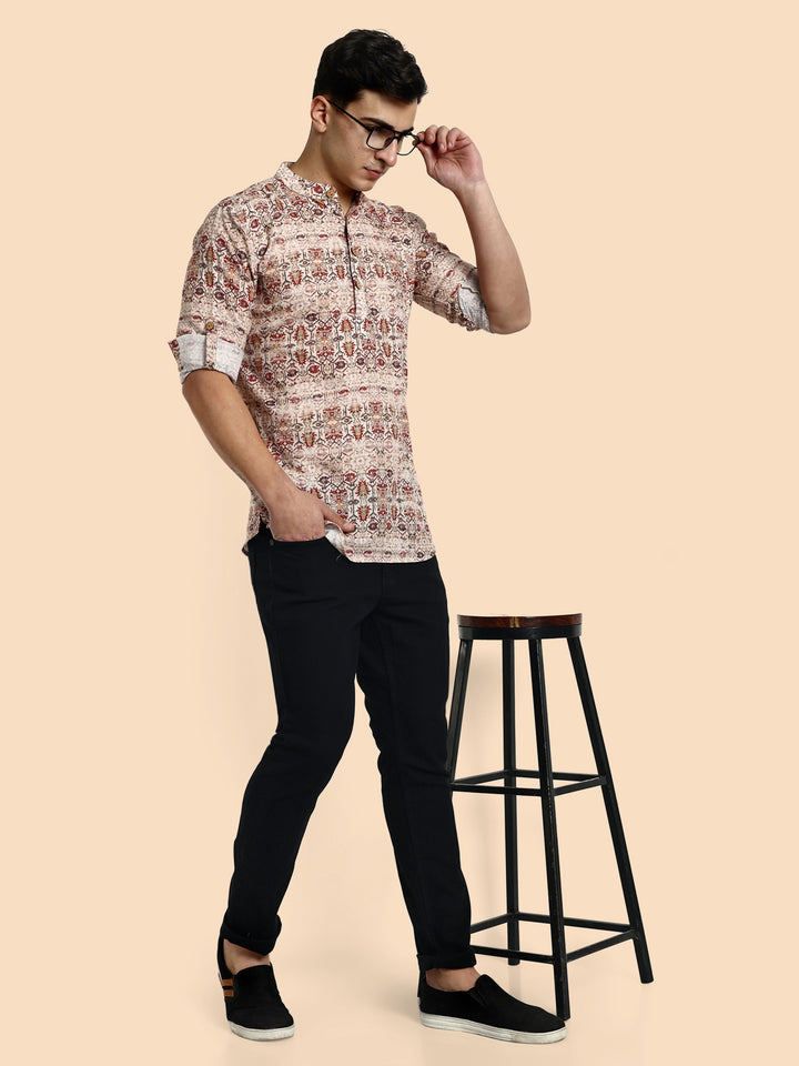 Off White Printed Men's Short Kurta