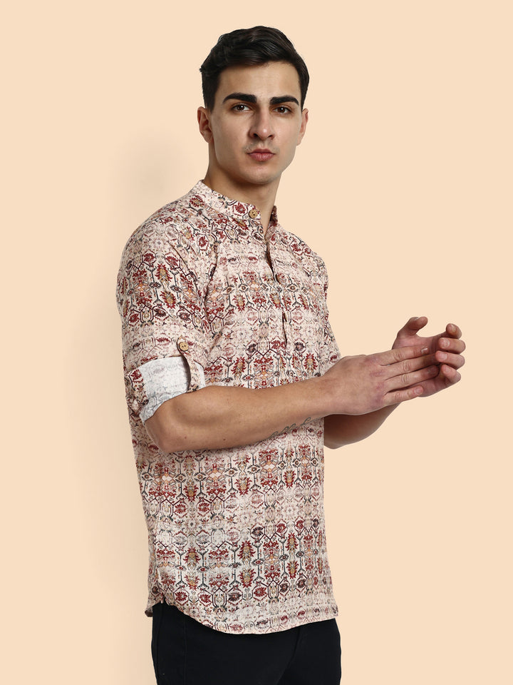 Off White Printed Men's Short Kurta