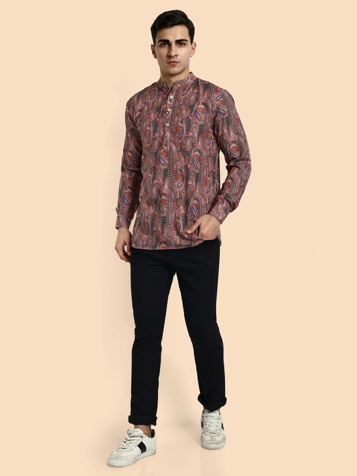 Pink Printed Men's Short Kurta