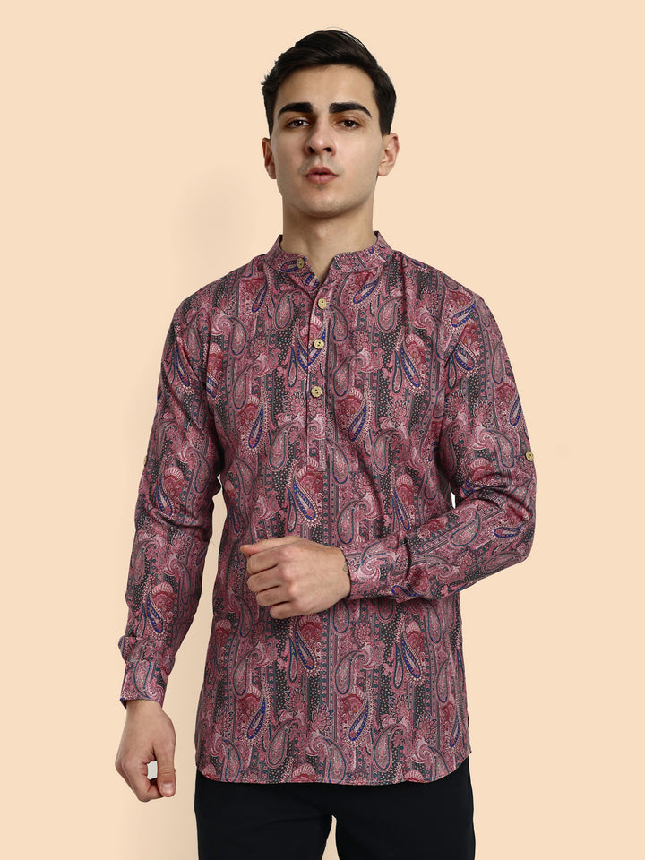 Pink Printed Men's Short Kurta