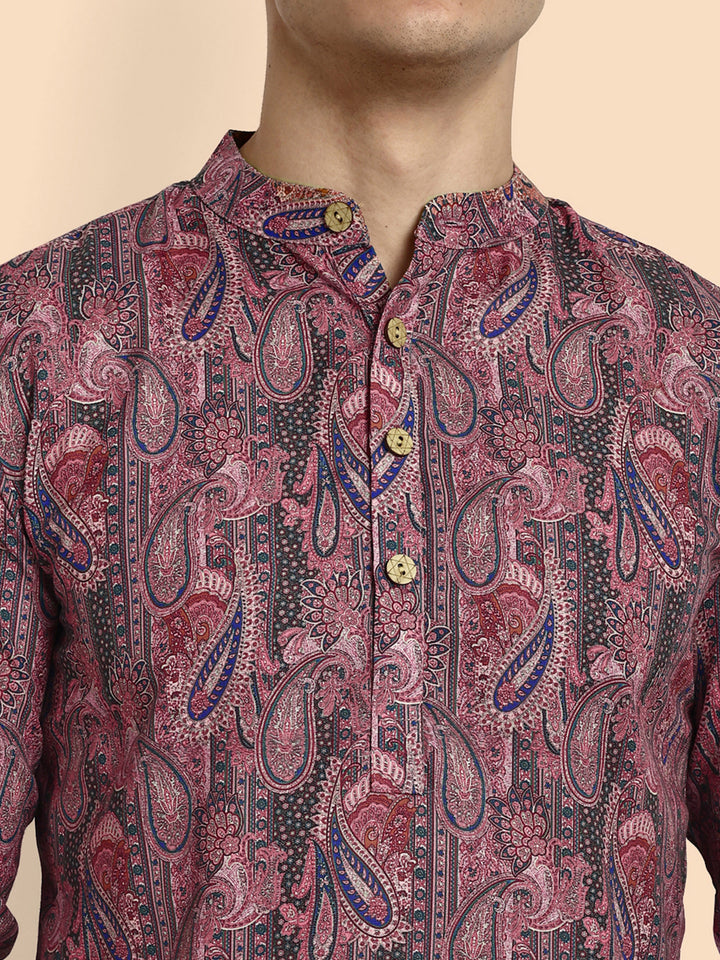 Pink Printed Men's Short Kurta