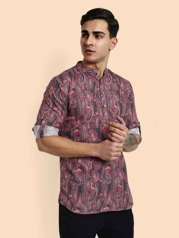 Pink Printed Men's Short Kurta