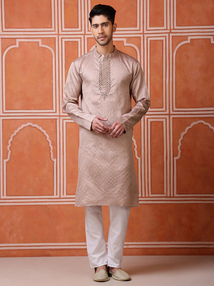 Brown Jacquard Kurta with Mirror Work