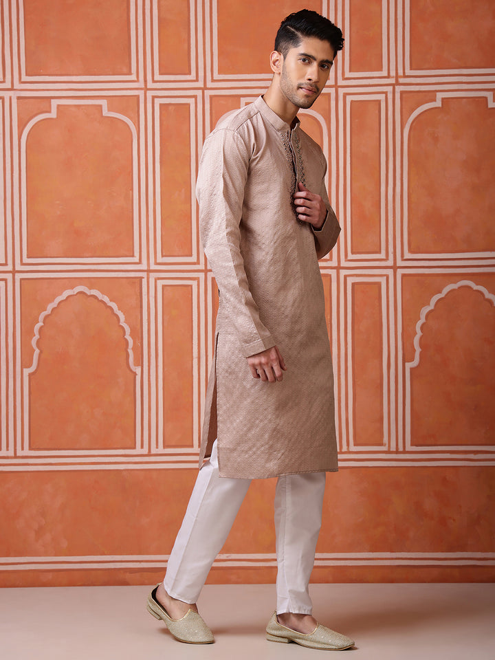 Brown Jacquard Kurta with Mirror Work