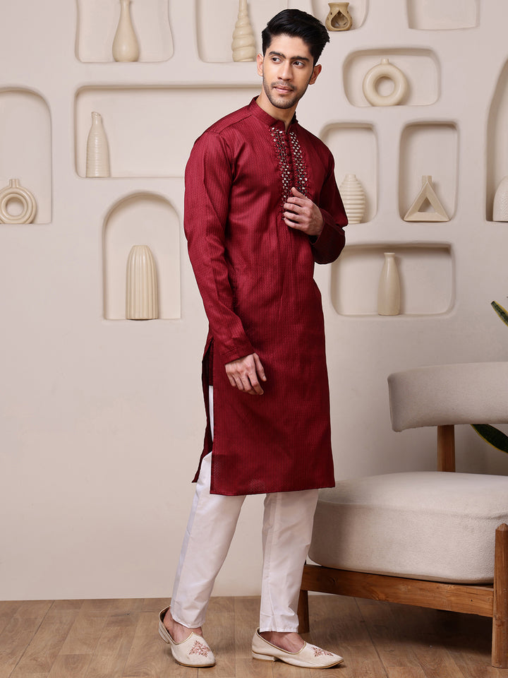 Red Jacquard Kurta with Mirror Work