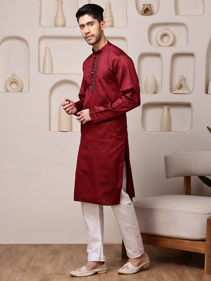 Red Jacquard Kurta with Mirror Work