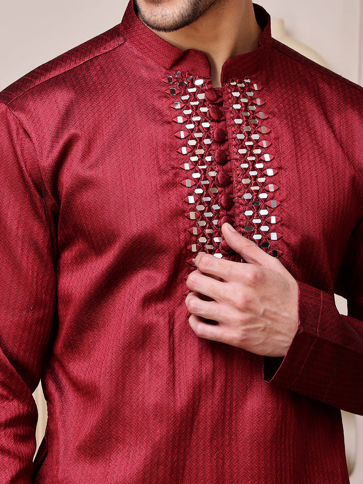 Red Jacquard Kurta with Mirror Work