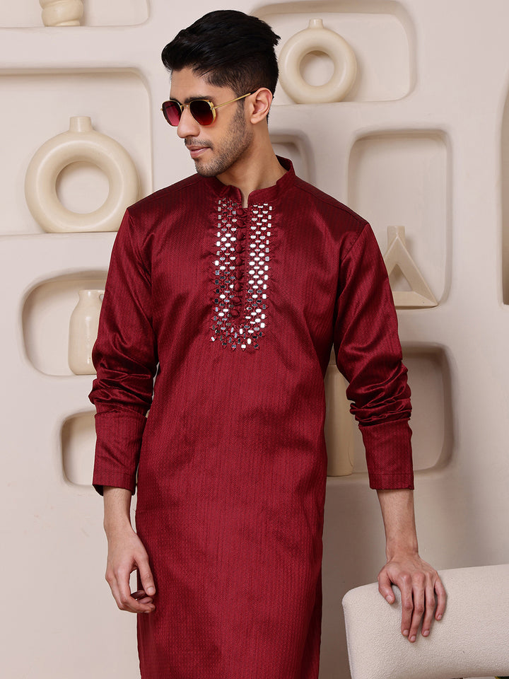 Red Jacquard Kurta with Mirror Work