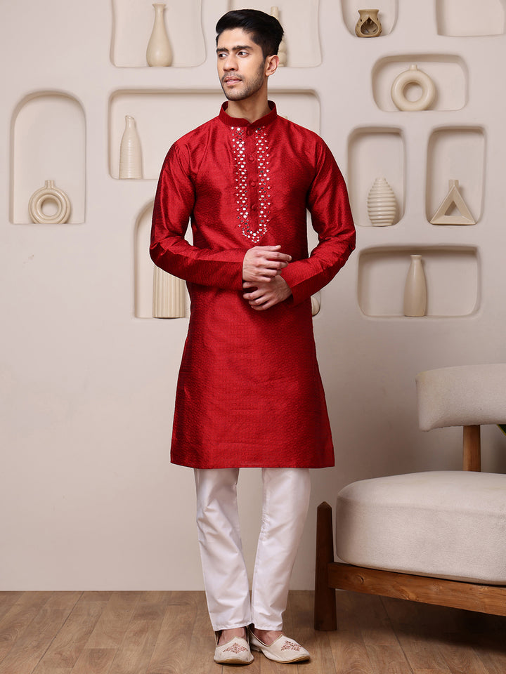 Red Jacquard Kurta with Mirror Work