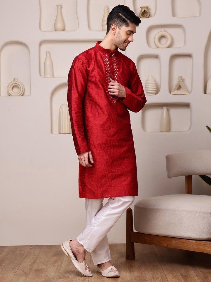 Red Jacquard Kurta with Mirror Work