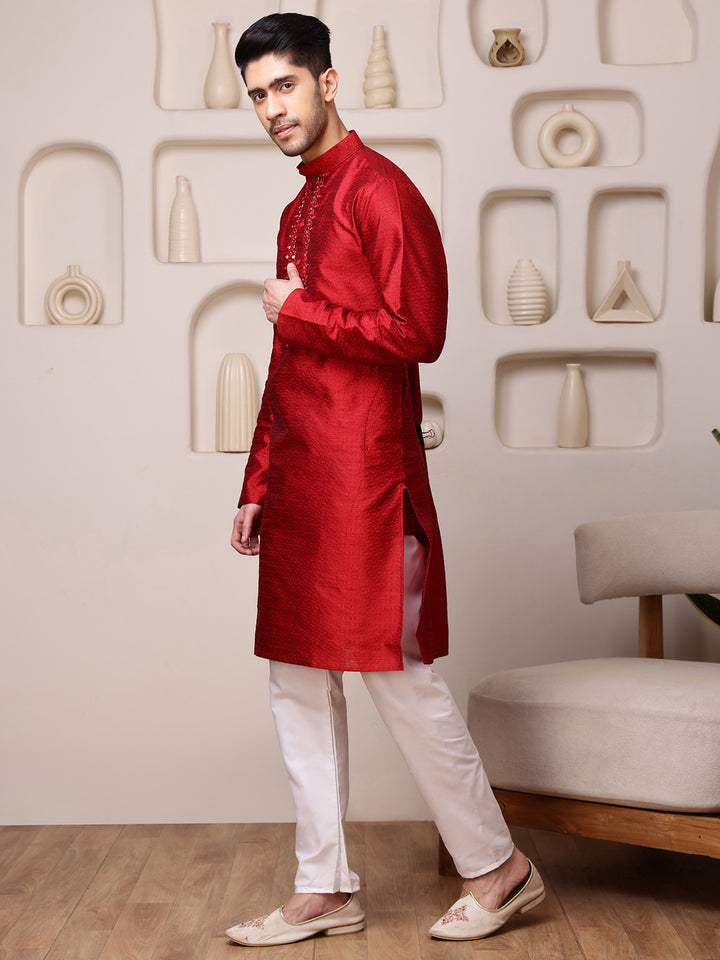 Red Jacquard Kurta with Mirror Work