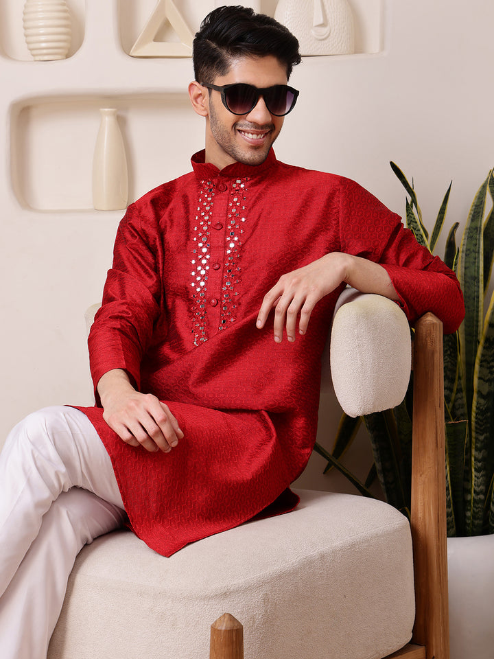 Red Jacquard Kurta with Mirror Work