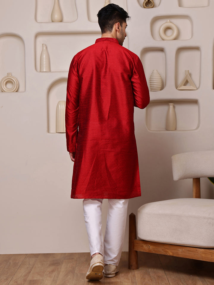 Red Jacquard Kurta with Mirror Work